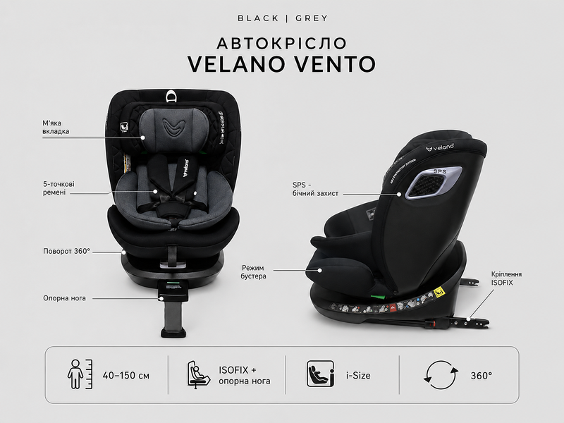 Автокрісло VELANO Vento 360&deg; i-Size 40&ndash;150 см, ISOFIX + опорна нога, grey (арт. 48418) &mdash; купить в Украине |  Колисочка